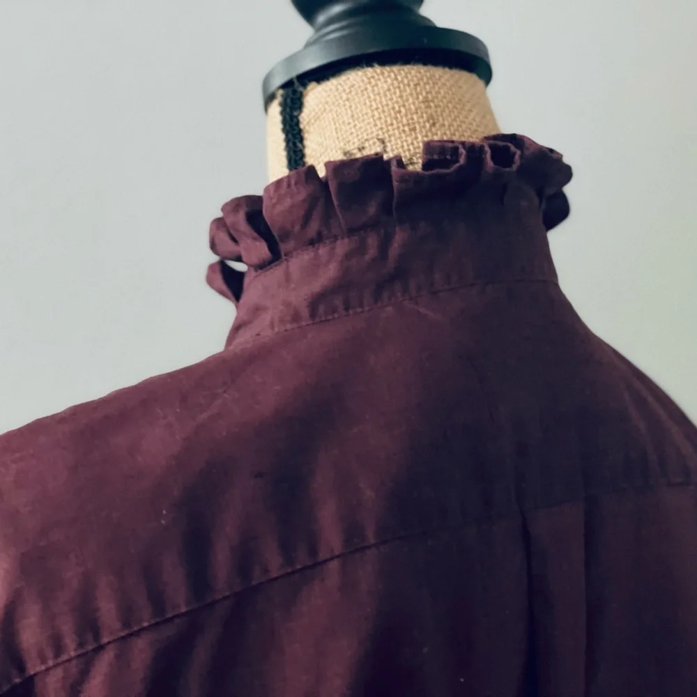 Redid, Redone and Reworked Mens to Ladies Maroon Ruffle Collar Long Sleeve Shirt - Picture 8 of 8